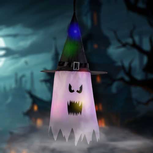 Halloween-i LED dekor - szellem - rózsaszín - 10 színes LED - akasztható - 2 x 2032 - 75 x 35 cm