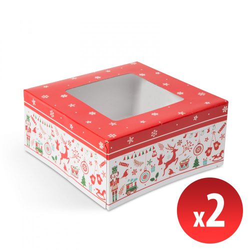 Ajándékdoboz - papír, karácsonyi mintás - átlátszó tetővel - 2 db / csomag