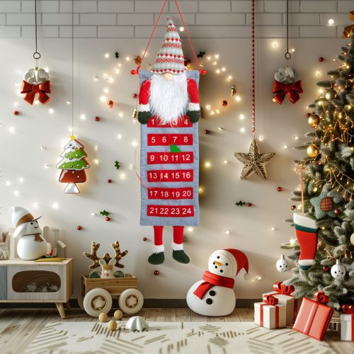 Fali adventi naptár - 3D skandináv manóval - textil - 100 x 28 cm