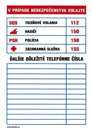 SK - Tabuľka dôležitých telefónnych čísel 210x297mm - plastová tabulka