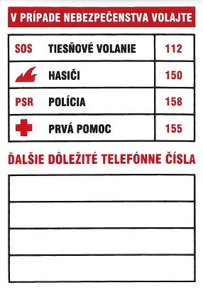 SK - Tabuľka dôležitých telefónnych čísel 74x105mm - samolepka