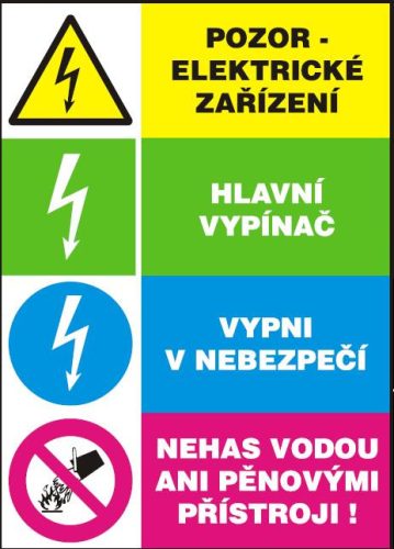 Pozor elektrické zařízení-Hlavní vypínač-Vypni v nebezpečí-Nehas vodou ani...-samolepka A5