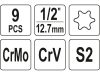 YATO Gépi torx bit készlet 9 részes 1/2" T30-T70 dugókulcs adapterrel
